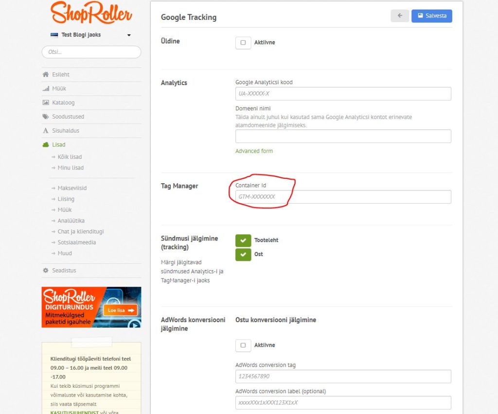 Google Tag Manageri koodi sisestamine ShopRoller e-poodi